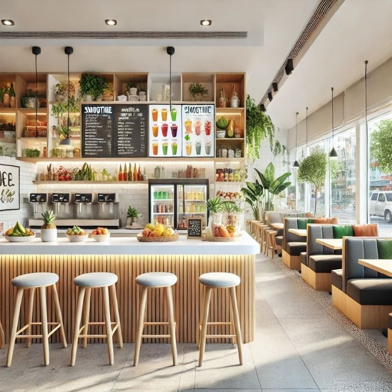 Không gian quán sinh tố trẻ trung với bảng menu trực quan, chỗ ngồi thoải mái và quầy pha chế gọn gàng