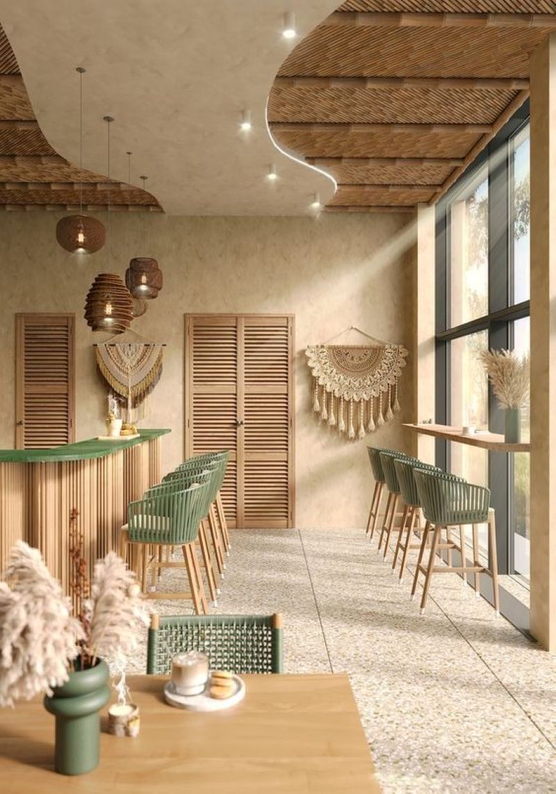 Không gian quán sinh tố phong cách Bohemian với chất liệu gỗ, mây tre và họa tiết macrame độc đáo 