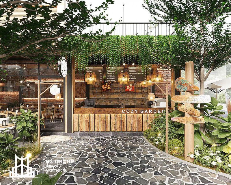 Phong cách thiết kế quán sinh tố Tropical mang hơi thở của những khu rừng nhiệt đới với điểm nhấn là các cây xanh, gỗ nâu và ánh sáng tự nhiên