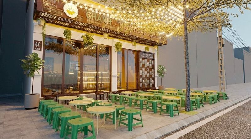 Quán trà chanh nổi bật với thiết kế hiện đại kết hợp nhiều cây xanh bao phủ tạo nên vẻ tươi mát, gần gũi với thiên nhiên