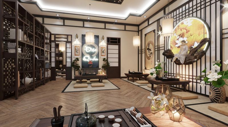 Quán trà đạo đạt được sự cân bằng tinh tế giữa minimalism hiện đại và thiền âm hưởng Á Đông cổ điển, thể hiện qua tổ hợp vật liệu tự nhiên, và những điểm nhấn nghệ thuật cùng ánh sáng ấm nhẹ
