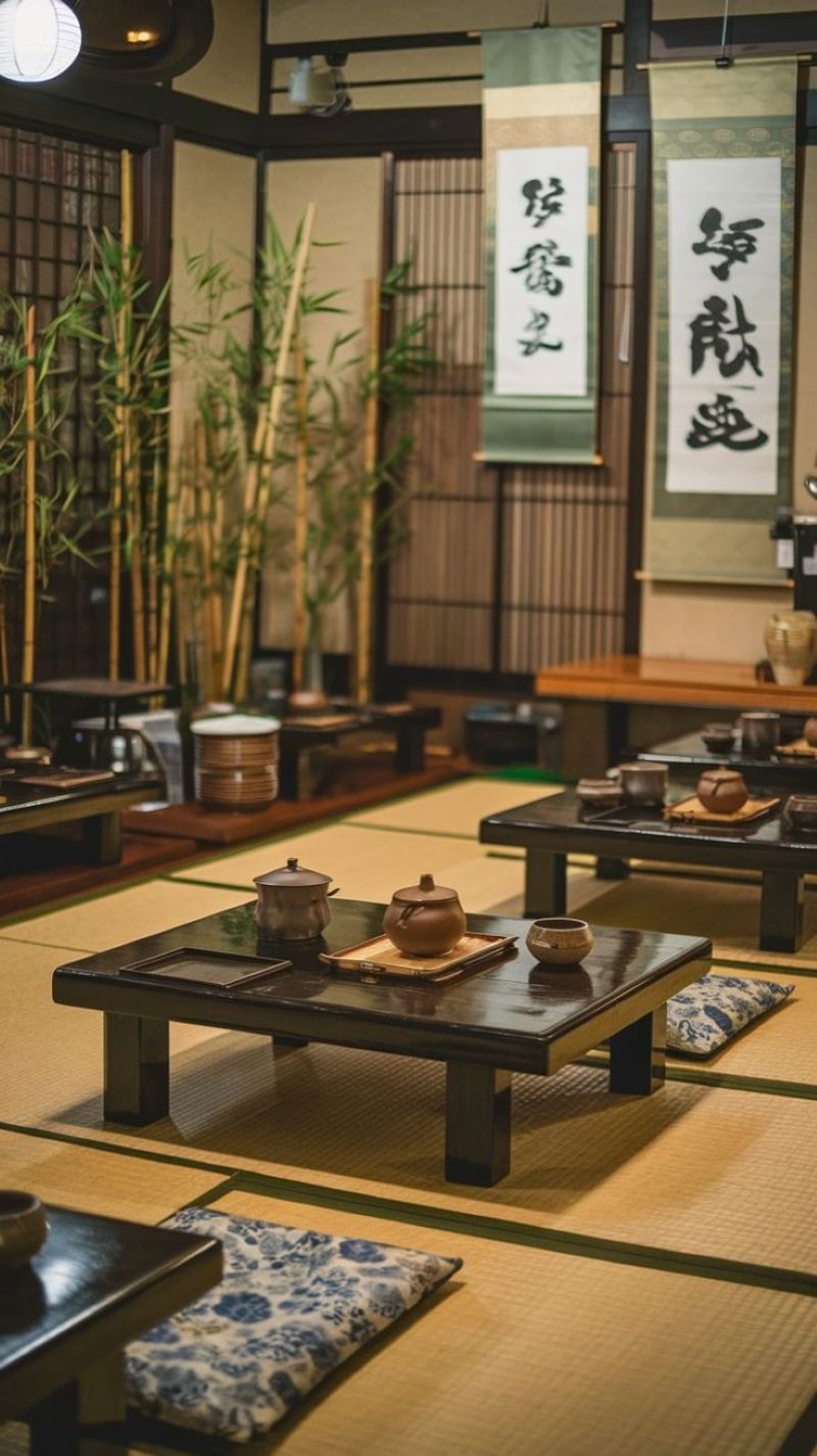 Quán trà đạo ngoài trời với phong cách Nhật Bản tối giản Nhật Bản với bàn ghế gỗ, thảm chiếu, và mái lá, tạo không gian yên tĩnh, mộc mạc và gần gũi với thiên nhiên 