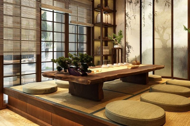 Phong cách thiết kế quán trà đạo Nhật Bản đặc trưng bởi sự tối giản, hài hòa với thiên nhiên và chú trọng vào cảm giác tĩnh lặng