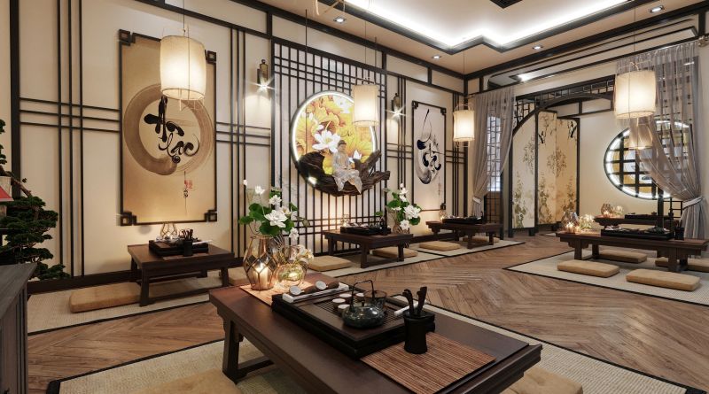 Phong cách thiết kế quán trà đạo Zen hiện đại kết hợp tinh thần thiền tĩnh lặng với đường nét tối giản và tiện nghi đương đại