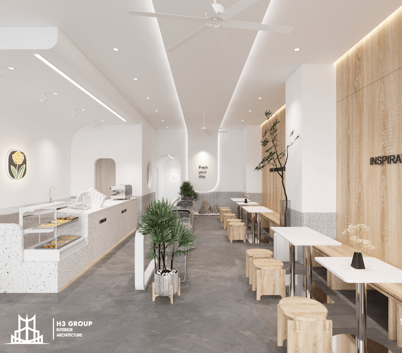 Sử dụng vật liệu tự nhiên và ánh sáng ấm áp, tạo nên không gian cafe gần gũi, thân thiện, thiết kế này giúp tạo điểm nhấn khác biệt và thu hút khách hàng yêu thích sự mộc mạc