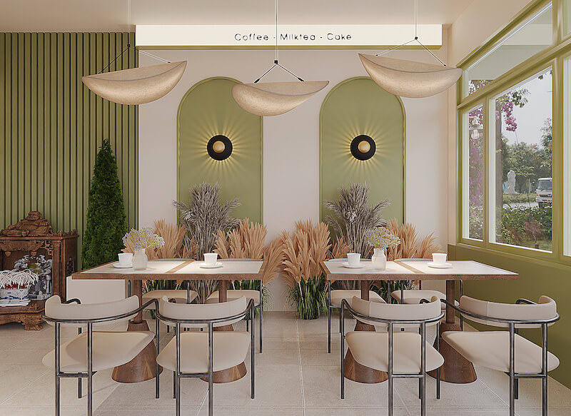 Sự kết hợp hài hòa giữa màu sắc và vật liệu không chỉ giúp quán cafe đẹp và đồng nhất về phong cách, mà còn tạo nên bầu không khí khiến khách hàng muốn quay lại