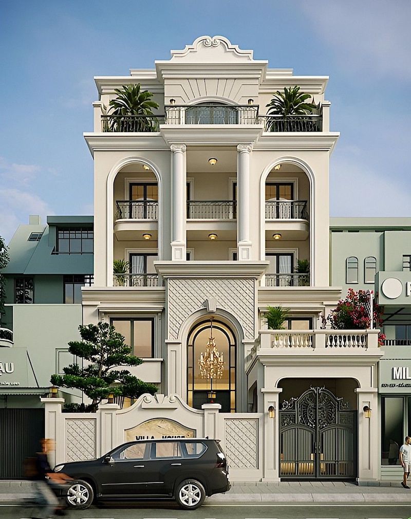 Mặt tiền tân cổ điển là phần kiến trúc phía trước của ngôi nhà, thiết kế hài hòa giữa vẻ đẹp cổ điển tinh tế và phong cách hiện đại, tạo ấn tượng sang trọng, thanh lịch