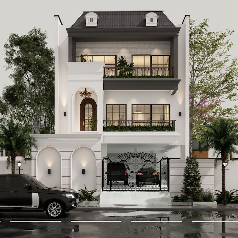 Mặt tiền nhà phố tân cổ điển mang lại cảm giác bề thế, uy nghi, dù diện tích đất bị giới hạn, nhờ tỷ lệ kiến trúc cân đối và các chi tiết được sắp xếp khoa học