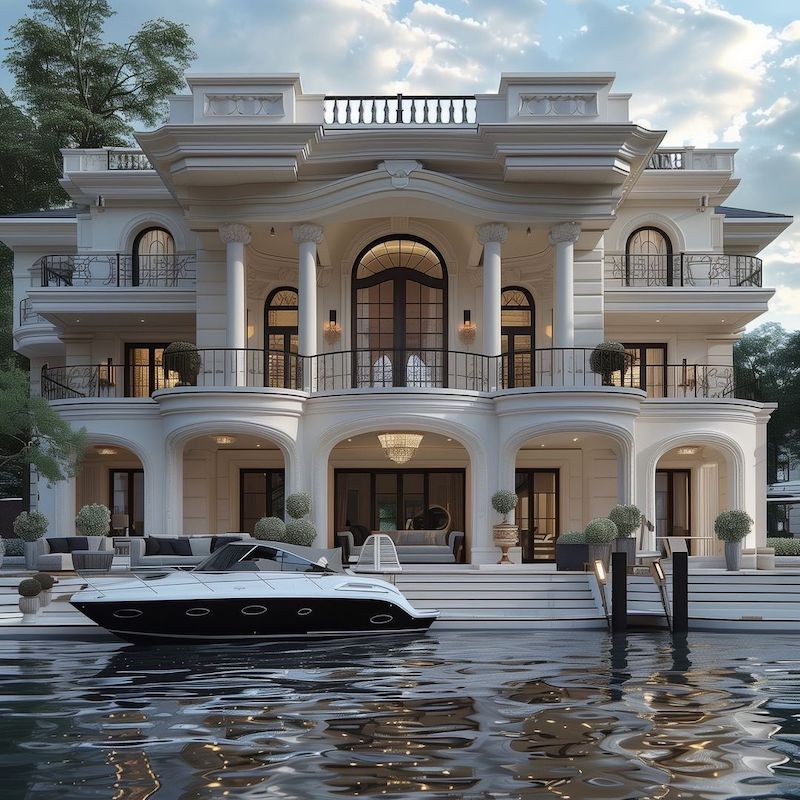 Mặt tiền dinh thự/lâu đài tân cổ điển kết hợp mái vòm lớn, sảnh đón rộng và phù điêu tinh xảo, mang đến vẻ nguy nga, lộng lẫy