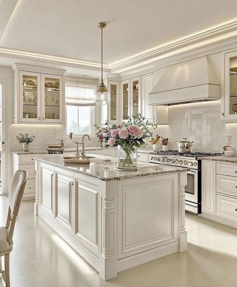 Nội thất phòng bếp phong cách tân cổ điển kết hợp giữa vẻ đẹp cổ điển và tiện nghi hiện đại, đảm bảo thẩm mỹ và công năng