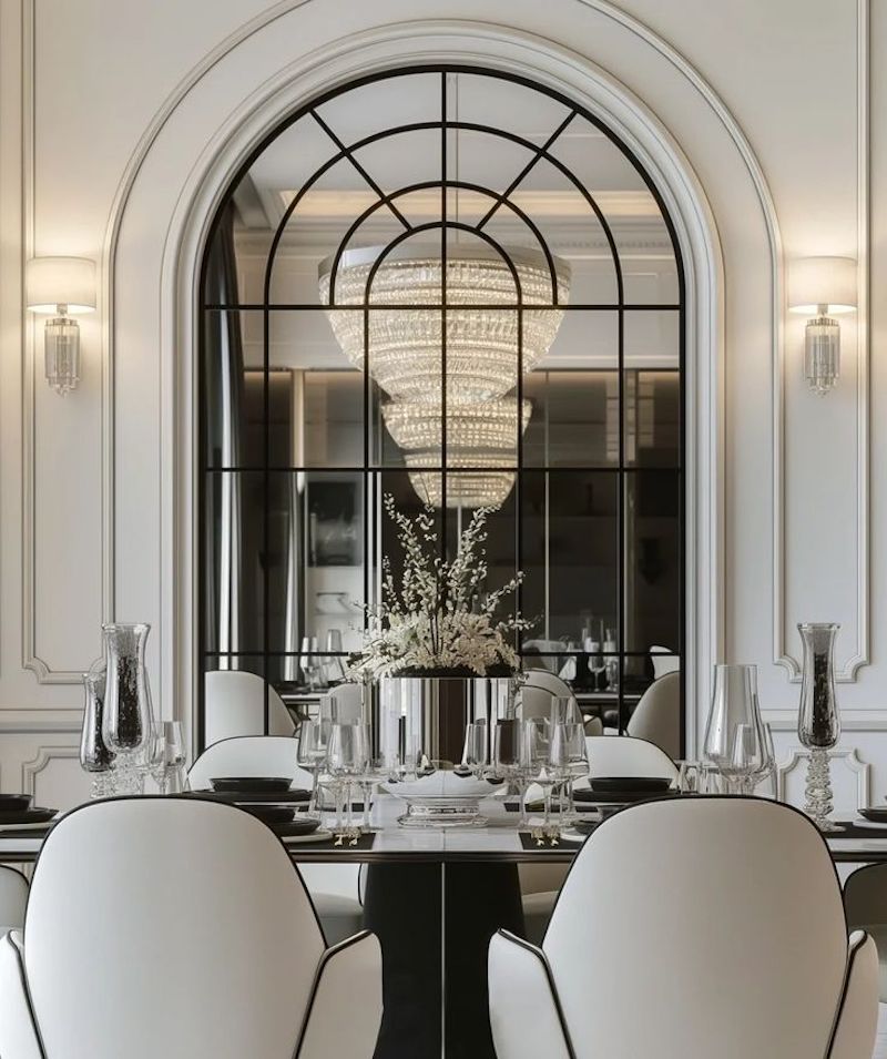 Thiết kế nội thất nhà hàng phong cách tân cổ điển nhấn mạnh chi tiết decor như gương khung vàng, tranh sơn dầu, tượng cổ tinh xảo