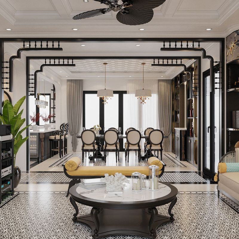 Thiết kế nhà ở, biệt thự phong cách Indochine tạo sự cân bằng giữa phòng khách, phòng ngủ và không gian sinh hoạt chung, tối ưu trải nghiệm sống
