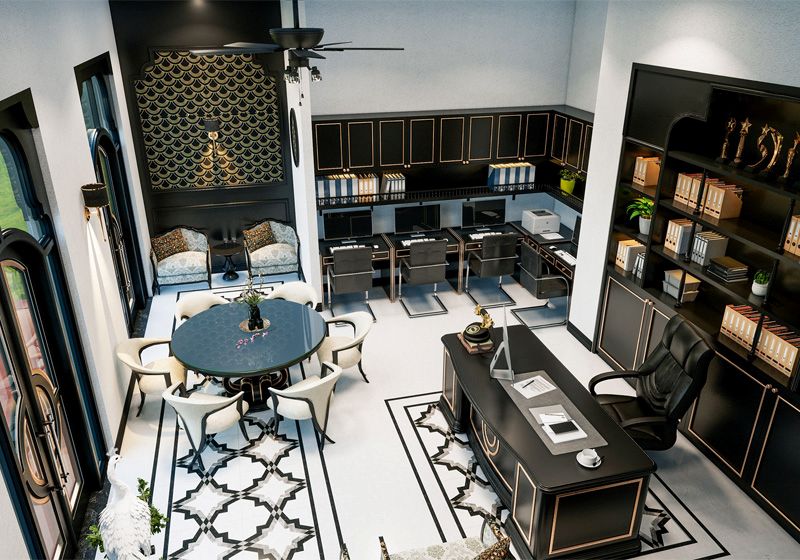 Thiết kế văn phòng phong cách Indochine sử dụng vật liệu gỗ, tre, mây đan giúp không gian gần gũi, ấm áp mà vẫn sang trọng