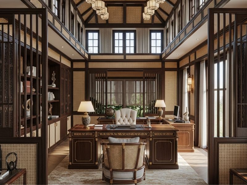 Thiết kế văn phòng phong cách Indochine mang đến bố cục hài hòa, nhiều ánh sáng tự nhiên, hỗ trợ hiệu suất và tinh thần làm việc tích cực 