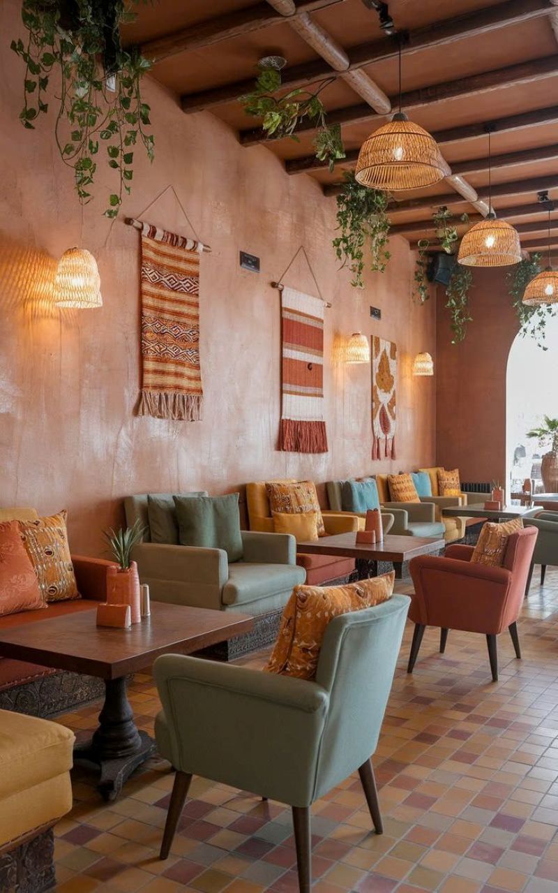 Khu vực trong nhà quán cafe phong cách Bohemian tạo cảm giác ấm cúng và thân thiện cho khách