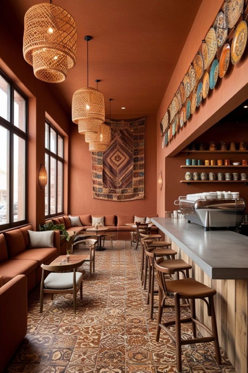 Khu vực trong nhà quán cafe phong cách Bohemian sắp xếp ghế và bàn linh hoạt để phù hợp nhóm khách lớn hoặc khách cá nhân