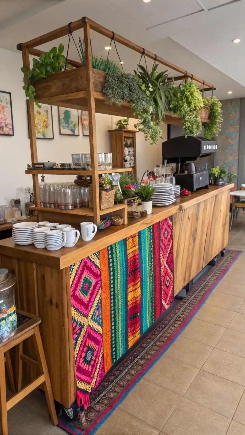 Khu vực trong nhà quán cafe phong cách Bohemian sử dụng phụ kiện decor độc đáo như macrame, dreamcatcher, tranh ảnh nghệ thuật để tăng điểm nhấn