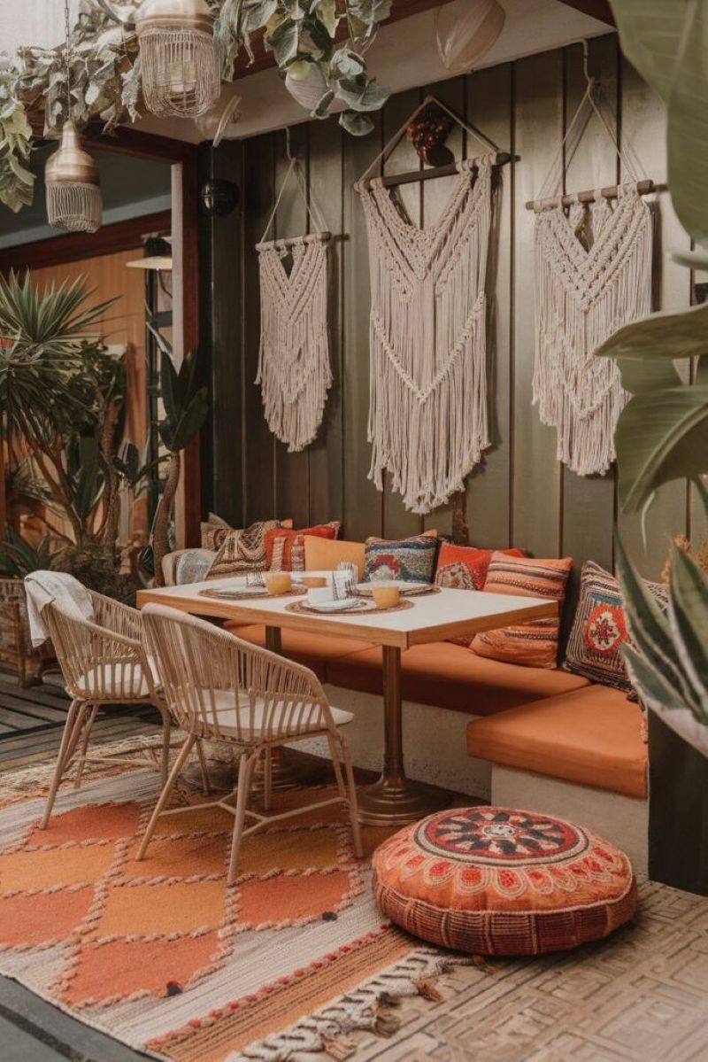 Sử dụng thảm trải sàn, gối tựa ngoài trời nhiều màu sắc để tăng cảm giác ấm áp 