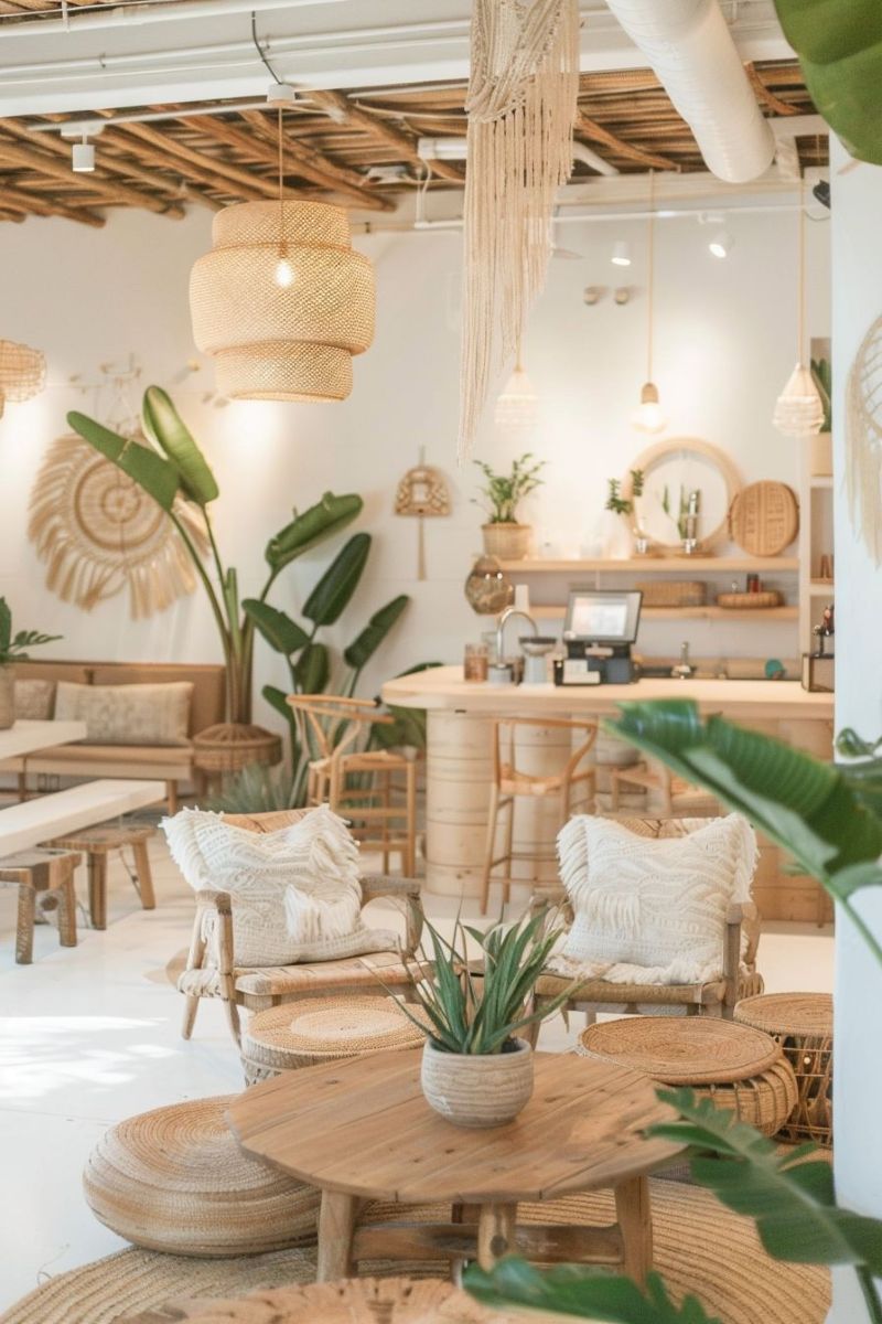 Trong phong cách Bohemian (Boho), thường sử dụng vật liệu tự nhiên và thô mộc như gỗ, mây, tre, vải thổ cẩm, len, cotton, gốm sứ và đá 