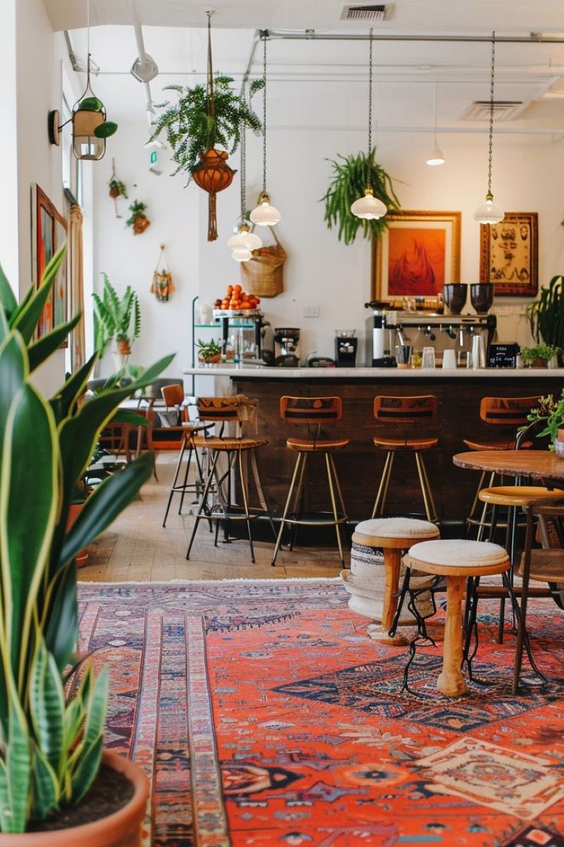 Đồ nội thất trong phong cách Bohemian thường đa dạng, phóng khoáng, sử dụng ghế bệt, sofa mây, bàn gỗ, ghế treo và nhiều phụ kiện decor nhiều màu sắc 