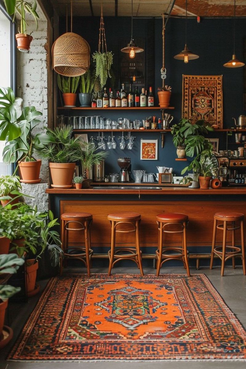 Trong phong cách Bohemian, trang trí và phụ kiện thường là thảm thổ cẩm, gối nhiều màu sắc, macrame, dreamcatcher, cây xanh và đèn vàng ấm,... 