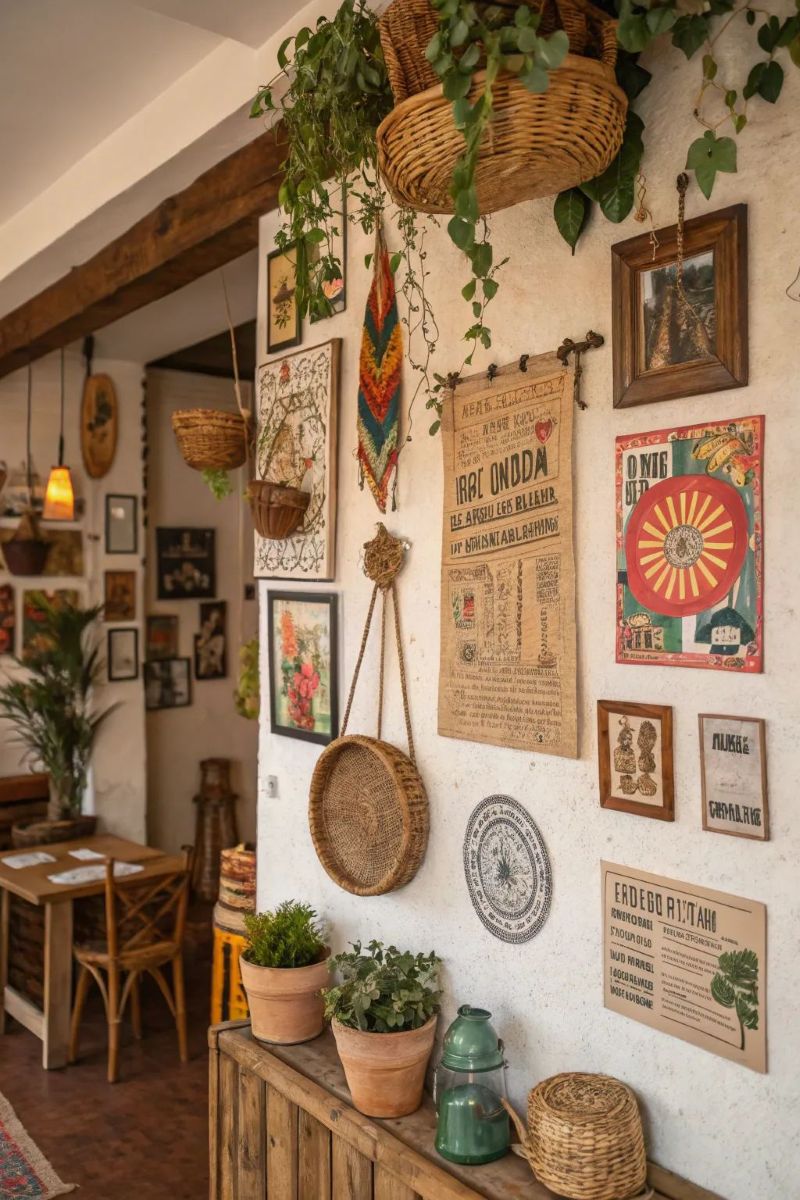 Mặt tiền và lối vào quán cafe phong cách Bohemian sử dụng vật liệu tự nhiên như gỗ, tre, mây để tăng sự gần gũi
