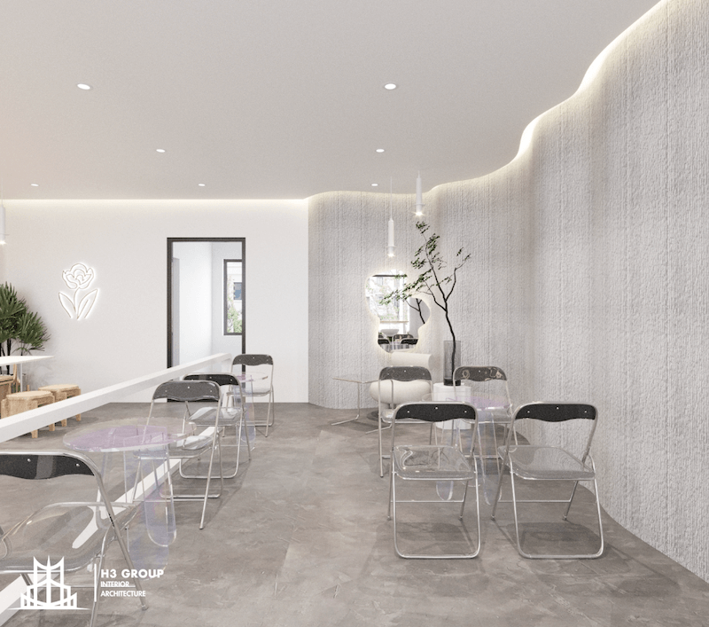 Thiết kế quán cafe với phong cách tối giản, sử dụng các gam màu trung tính và vật liệu độc đáo để tạo không gian hiện đại, mang dấu ấn riêng biệt