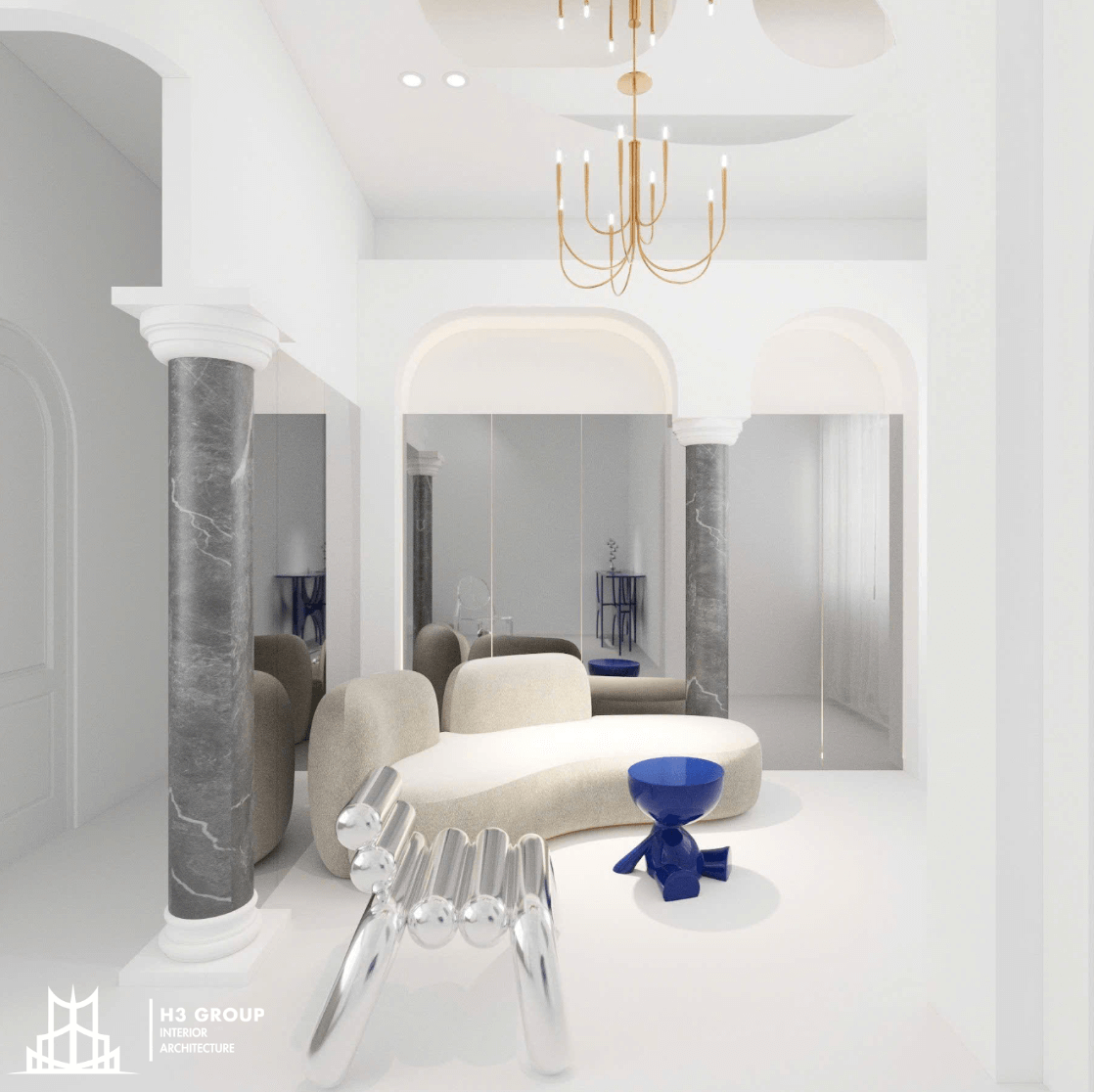 Không gian cafe hiện đại, kết hợp kiến trúc vòm mềm mại, cột đá cẩm thạch và nội thất phong cách Bắc Âu tối giản, tạo vẻ thanh lịch, tinh tế