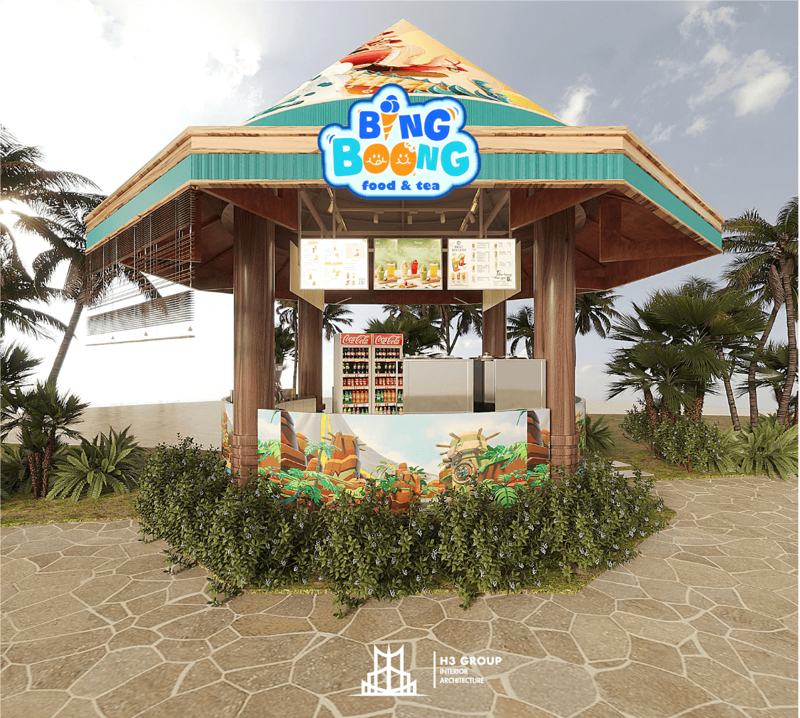 Quán được thiết kế theo phong cách  trẻ trung, năng động độc đáo và màu sắc tươi sáng, hài hòa với công viên