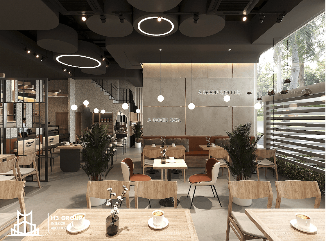 Quán cafe kết hợp Hiện đại và Châu Âu, dùng màu trung tính, nội thất gỗ sang trọng và đèn độc đáo, tạo không gian thanh lịch, cuốn hút