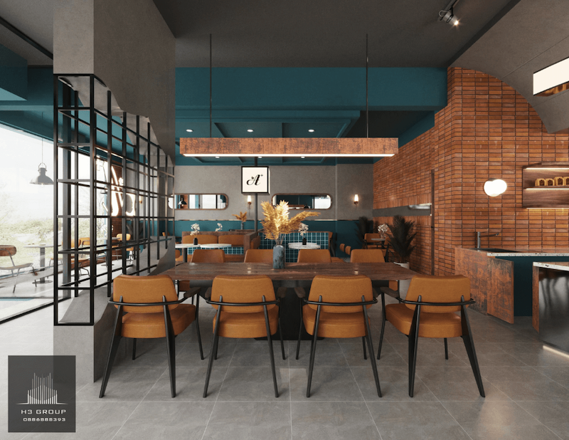 Phong cách Retro kết hợp với hiện đại đã tạo ra thiết kế có không gian ấm cúng, sang trọng với gạch thô, tông màu xanh lam, vàng đất và nội thất da