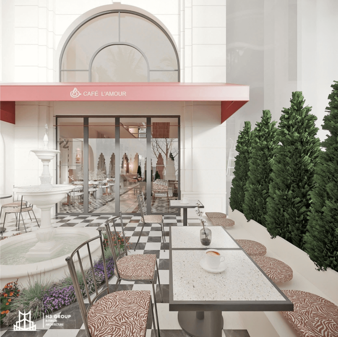 Thiết kế quán cafe theo phong cách Châu Âu lãng mạn với tone trắng cùng đài phun nước và không gian ngoài trời, tạo cảm giác thư thái và tinh tế như đang ở Paris