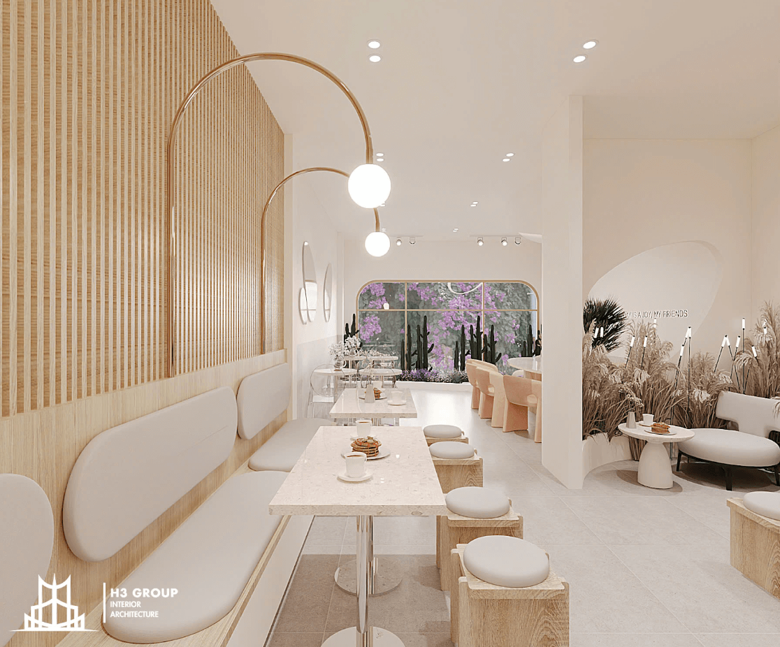 Thiết kế quán cafe theo phong cách Hàn Quốc ngọt ngào, tinh tế với tông màu pastel nhẹ nhàng, nội thất tối giản, đường nét mềm mại và ánh sáng dịu nhẹ mang lại cảm giác dễ chịu và thoải mái