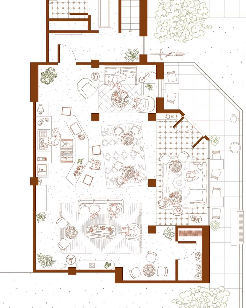 Thiết kế mặt bằng quán cà phê diện tích vừa (30–80m²) có thể tạo điểm nhấn bằng tiểu cảnh nhỏ, tranh tường hoặc khu decor riêng biệt