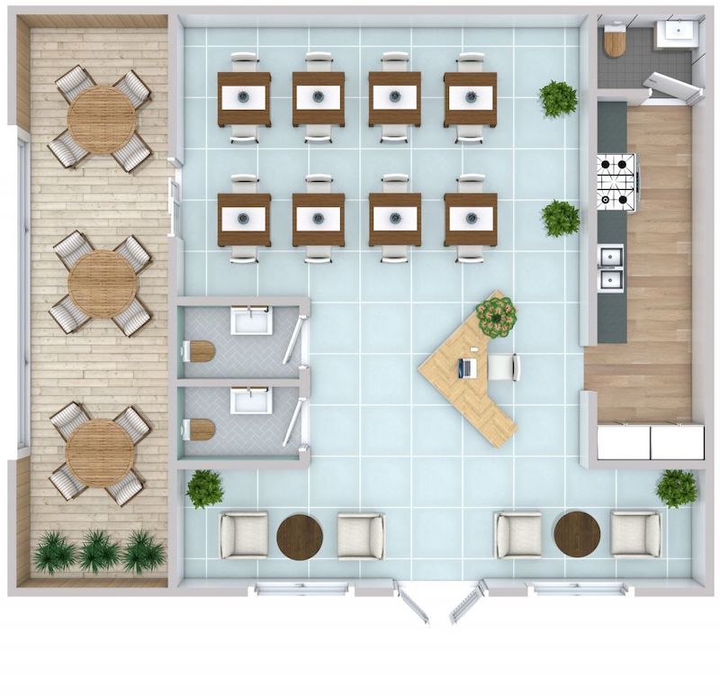 Thiết kế mặt bằng quán cà phê diện tích vừa (30–80m²) cần chú trọng ánh sáng và thông gió tự nhiên để không gian luôn thoáng và dễ chịu
