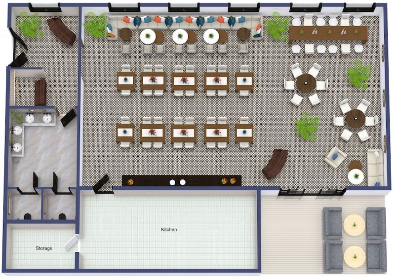 Thiết kế mặt bằng quán cà phê diện tích lớn (>80m²) cần phân chia khu vực rõ ràng để đảm bảo công năng và định hướng trải nghiệm khách hàng.