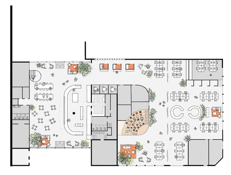 Thiết kế mặt bằng quán cà phê diện tích lớn (>80m²) nên tạo điểm nhấn kiến trúc để tăng nhận diện thương hiệu và thu hút khách hàng
