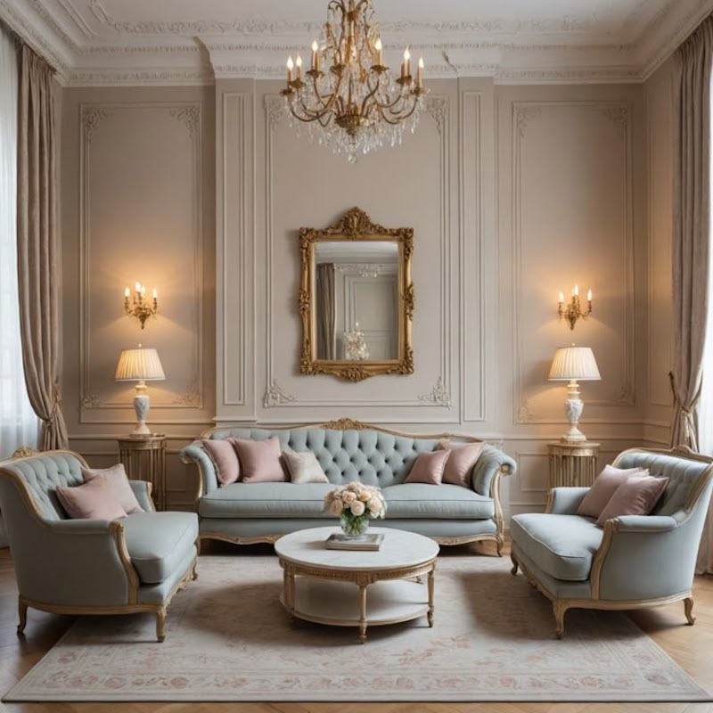 Nội thất tân cổ điển bố trí sofa theo hình chữ U hoặc chữ L, tạo sự thân mật, thuận tiện cho tiếp khách và giao tiếp trong phòng