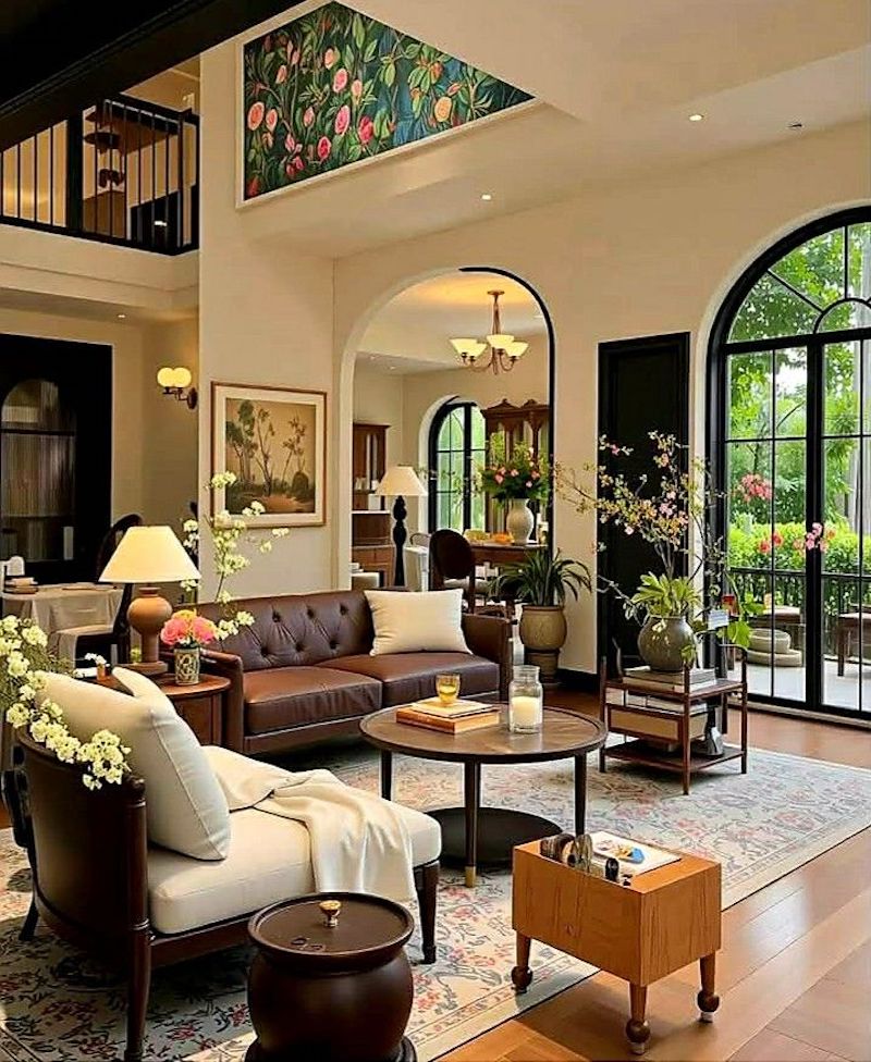Nội thất tân cổ điển bố trí ánh sáng đa lớp, từ đèn trần, đèn tường đến đèn bàn, tạo hiệu ứng ấm áp và mềm mại cho phòng khách