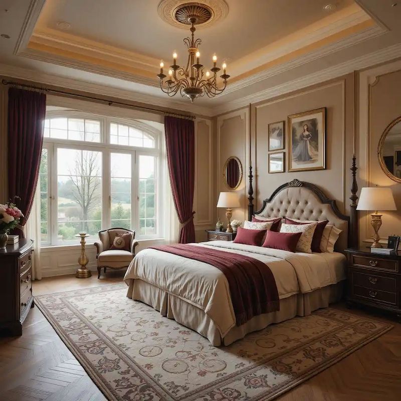 Nội thất tân cổ điển bố trí rèm vải dày kết hợp voan mỏng, giúp điều chỉnh ánh sáng linh hoạt, mang đến không gian vừa riêng tư vừa sang trọng