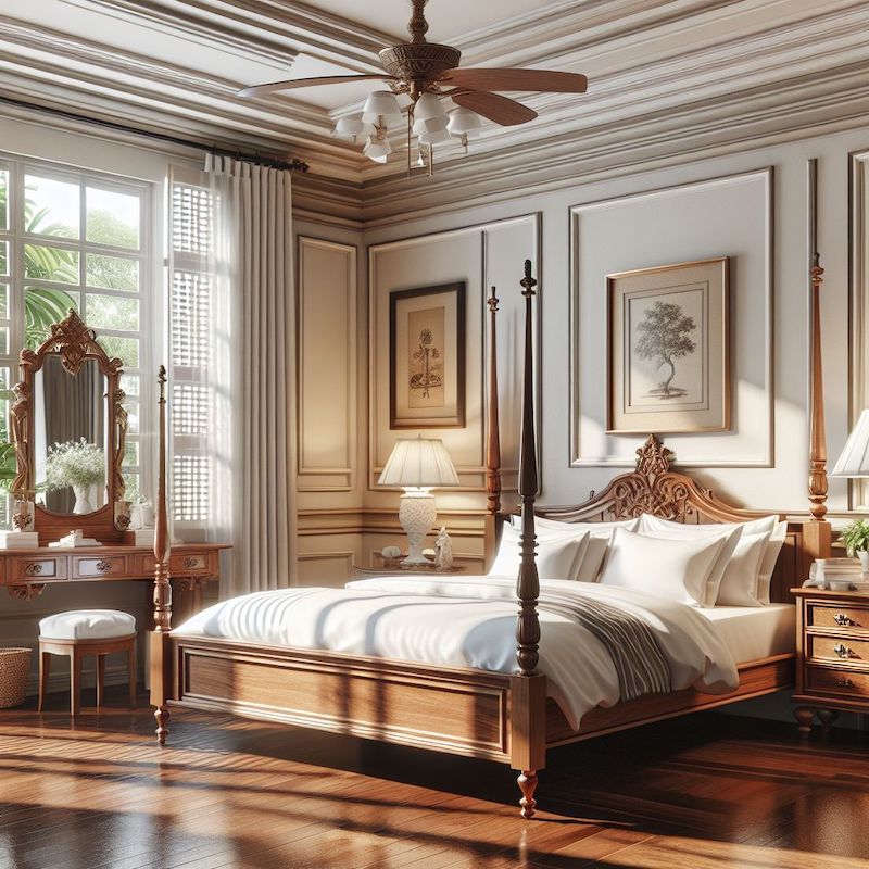 Nội thất tân cổ điển đảm bảo bố trí giường, bàn và tủ hợp lý, tạo sự thuận tiện, thoải mái và mang lại trải nghiệm thư giãn tối ưu cho người dùng
