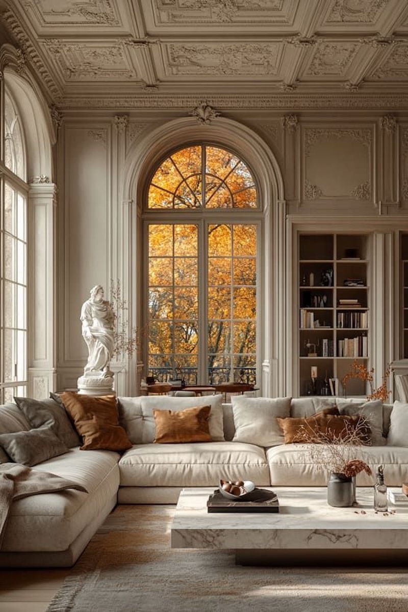 Nội thất tân cổ điển sử dụng sofa bọc vải nỉ cao cấp cùng gối trang trí họa tiết thanh lịch, giúp phòng khách vừa đẹp vừa thoải mái cho gia chủ và khách