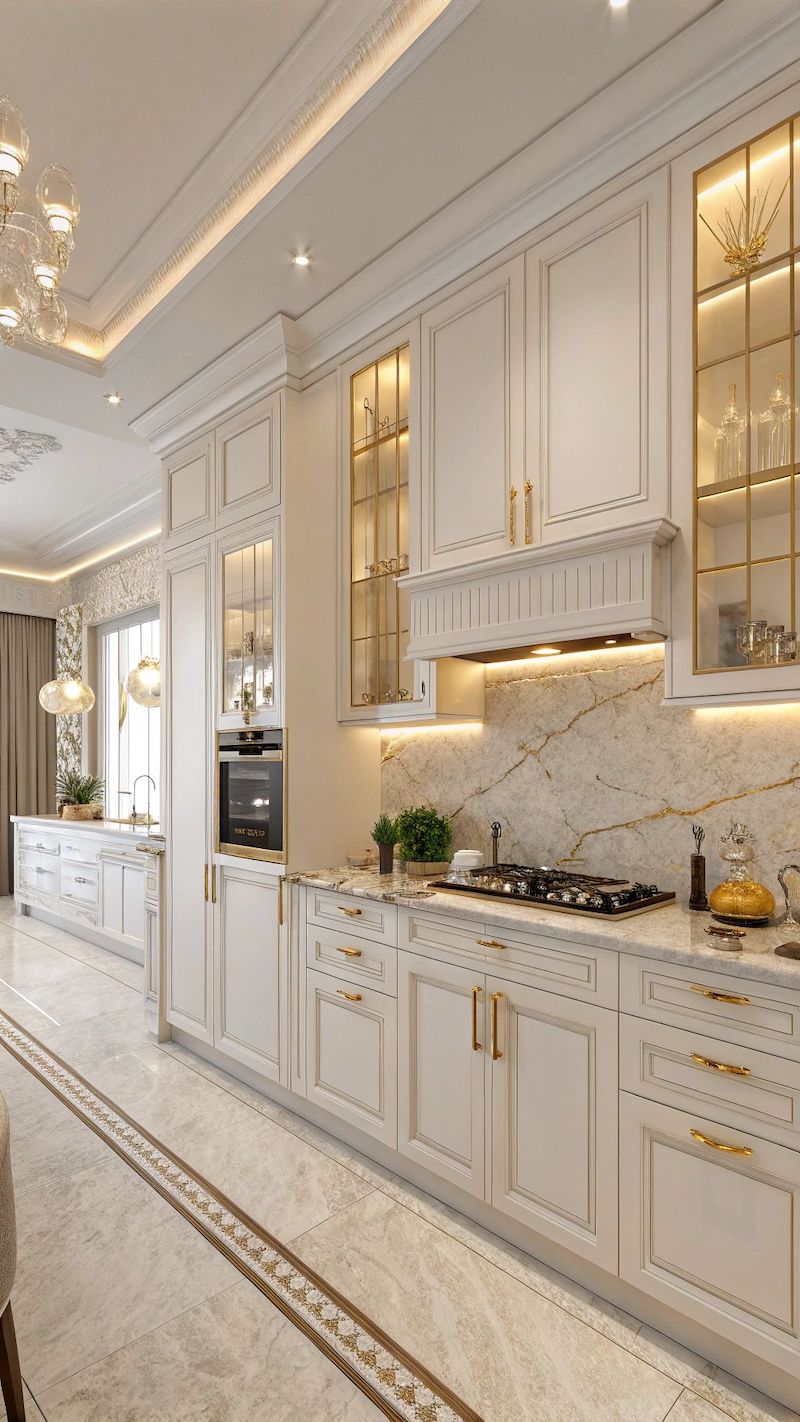 Nội thất phòng bếp tân cổ điển bố trí bàn đảo bằng đá cẩm thạch, vừa tiện dụng cho nấu nướng, vừa tạo điểm nhấn thẩm mỹ cho không gian
