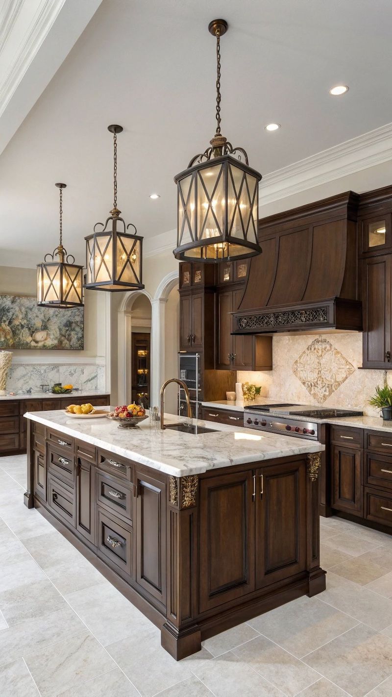 Nội thất phòng bếp tân cổ điển kết hợp ánh sáng tự nhiên từ cửa sổ, giúp không gian bếp sáng sủa, dễ chịu và gần gũi với thiên nhiên