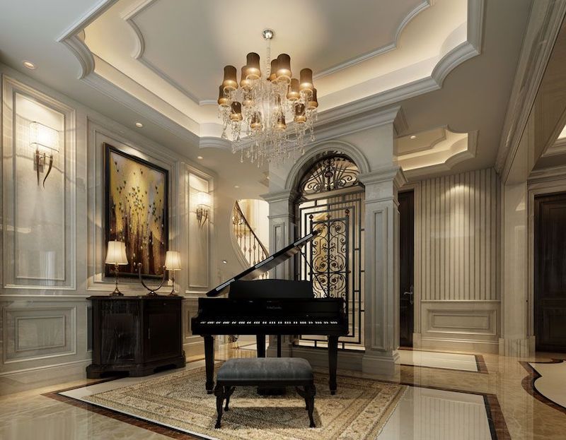 Nội thất tân cổ điển trong phòng phụ sử dụng piano màu đen bóng kết hợp ghế bọc nhung, tạo điểm nhấn sang trọng và đẳng cấp cho không gian giải trí.