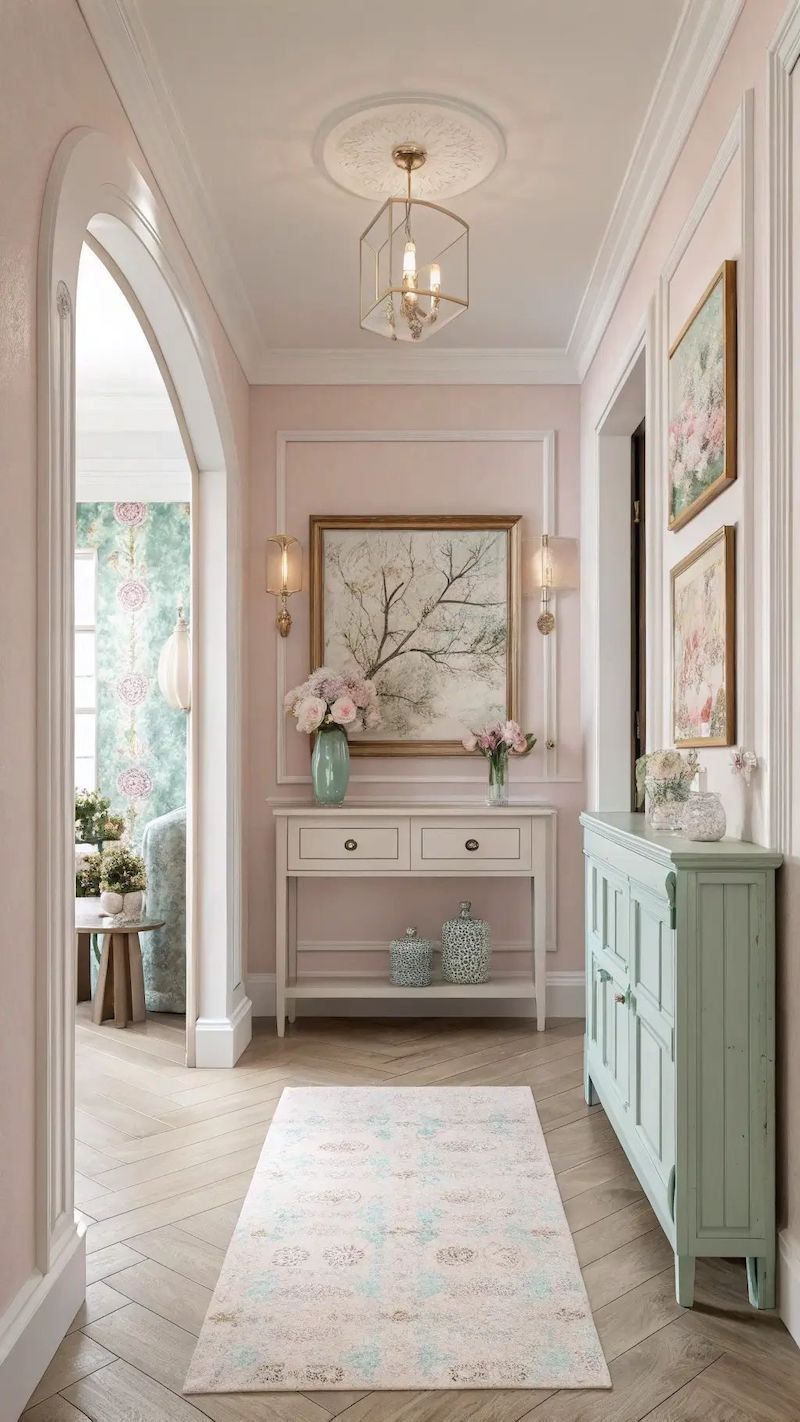 Nội thất tân cổ điển bố trí bình hoa, cây xanh hoặc lọ trang trí nhỏ, mang sức sống, cân bằng màu sắc và tăng trải nghiệm thư giãn