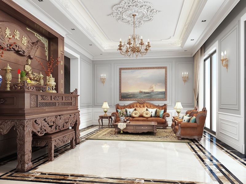 Nội thất tân cổ điển kết hợp kệ để sách, vật dụng trang trí hoặc bình hoa mini, tạo góc nhỏ vừa tiện dụng vừa sang trọng