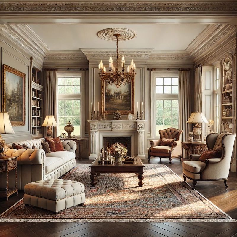 Nội thất tân cổ điển chú trọng sự cân xứng giữa các vật dụng, từ sofa, bàn trà đến đèn trang trí, đảm bảo không gian hài hòa, đẹp mắt và hợp phong thủy