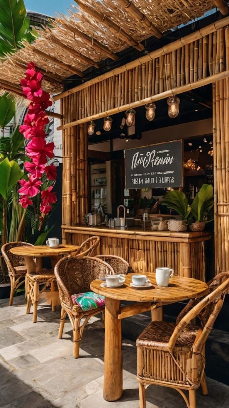 Thiết kế quán cafe bằng tre phong cách sinh thái thường sử dụng bố cục mở, xóa nhòa ranh giới giữa trong và ngoài