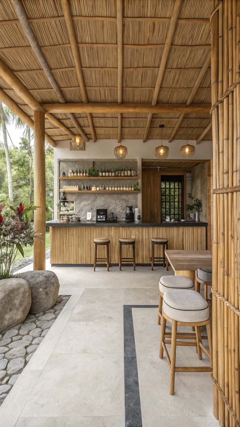 Thiết kế quán cafe bằng tre phong cách mộc mạc mang đến không gian gần gũi, giản dị và gợi nhớ về làng quê Việt